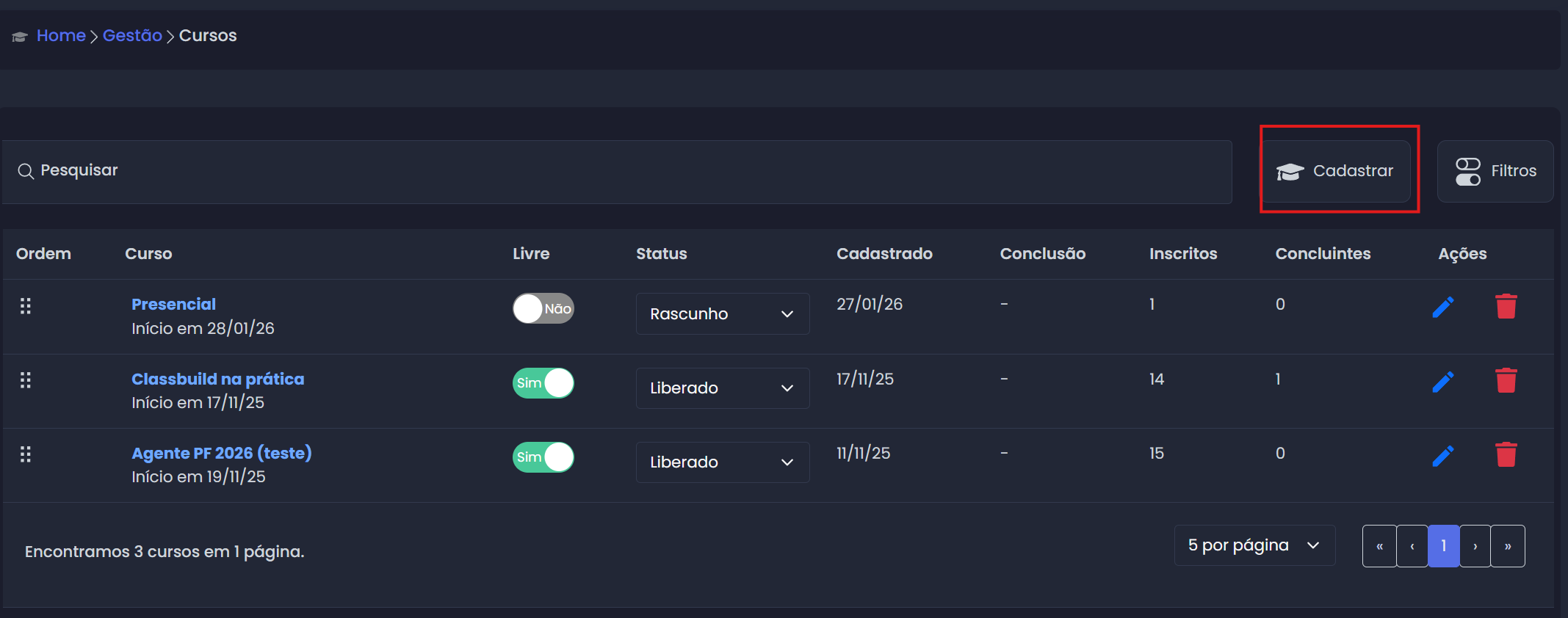 Acesso ao menu de cadastro de cursos