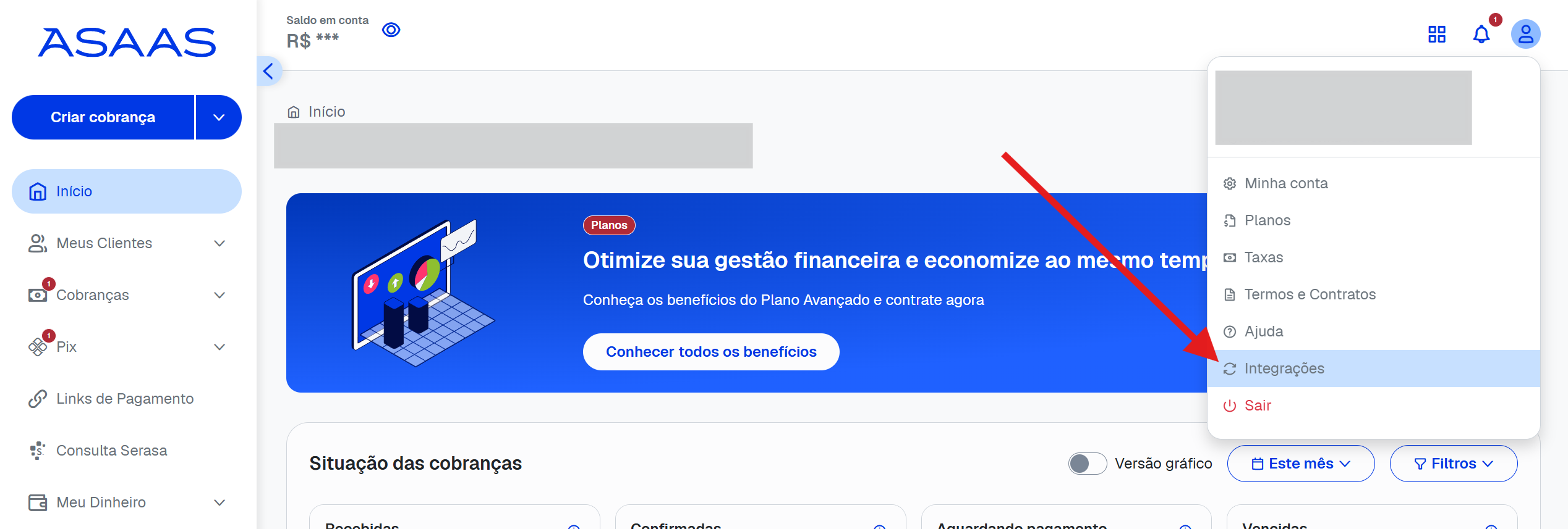 Menu de Integrações do Asaas