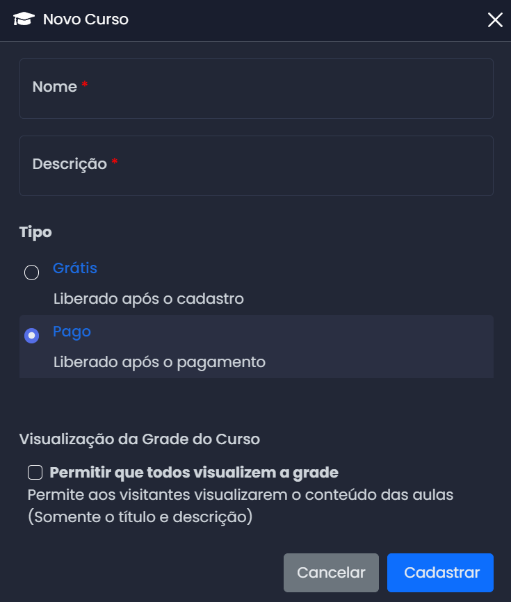 Formulário inicial de cadastro do curso