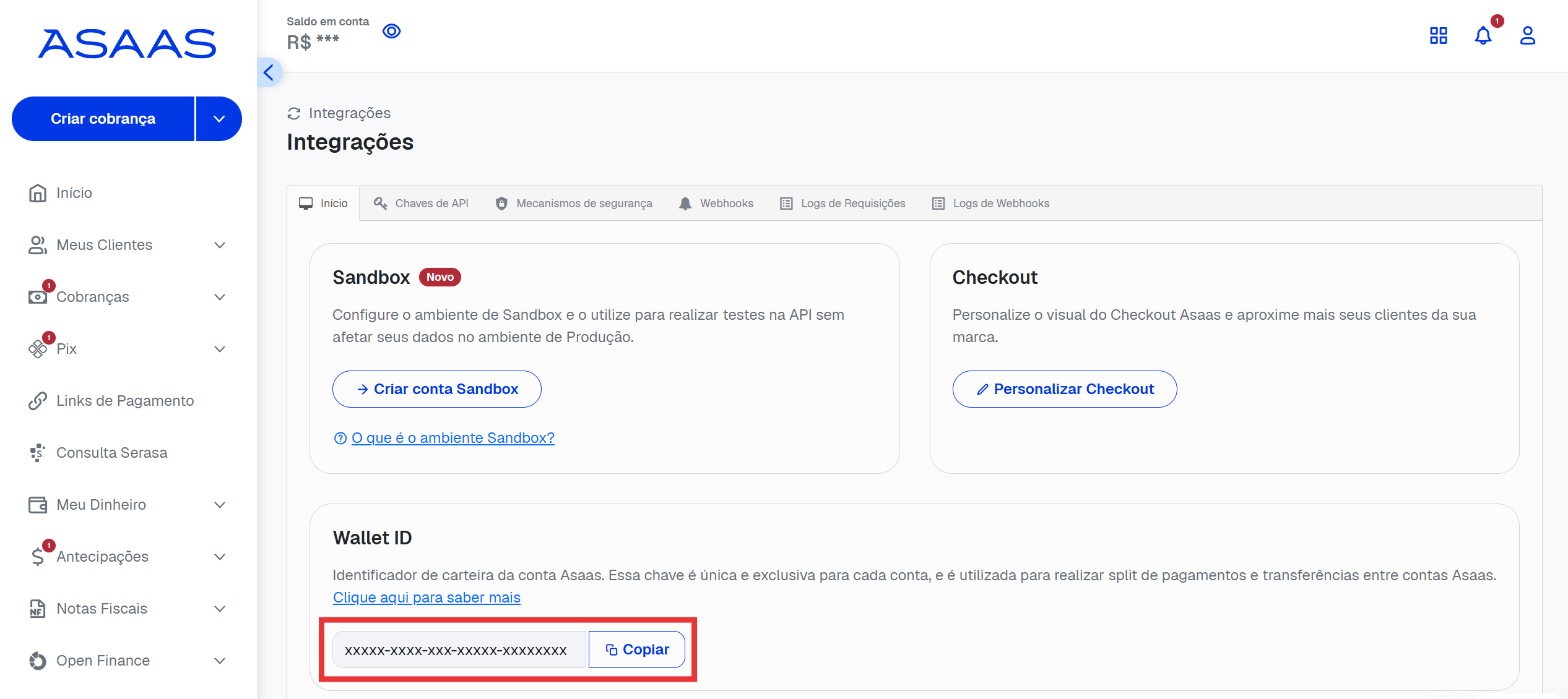 Localização do Wallet ID no painel Asaas