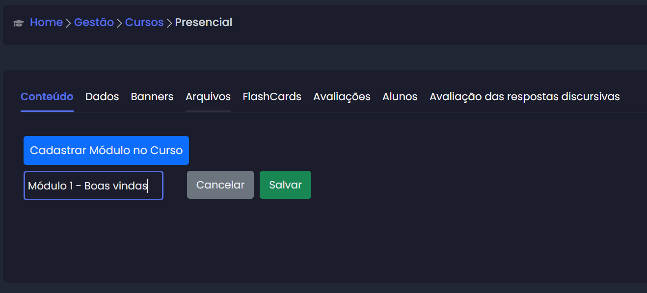 Aba Conteúdo e botão de Cadastrar Módulo