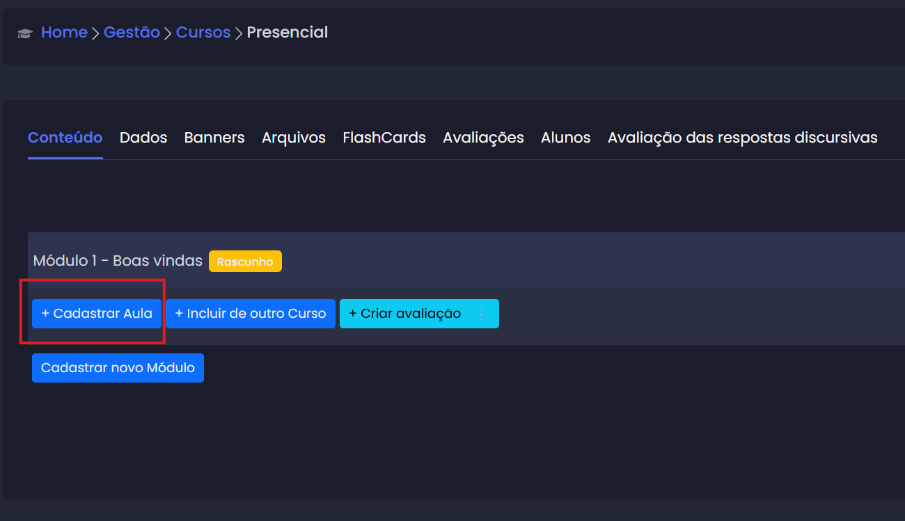 Lista de módulos e botão Cadastrar Aula