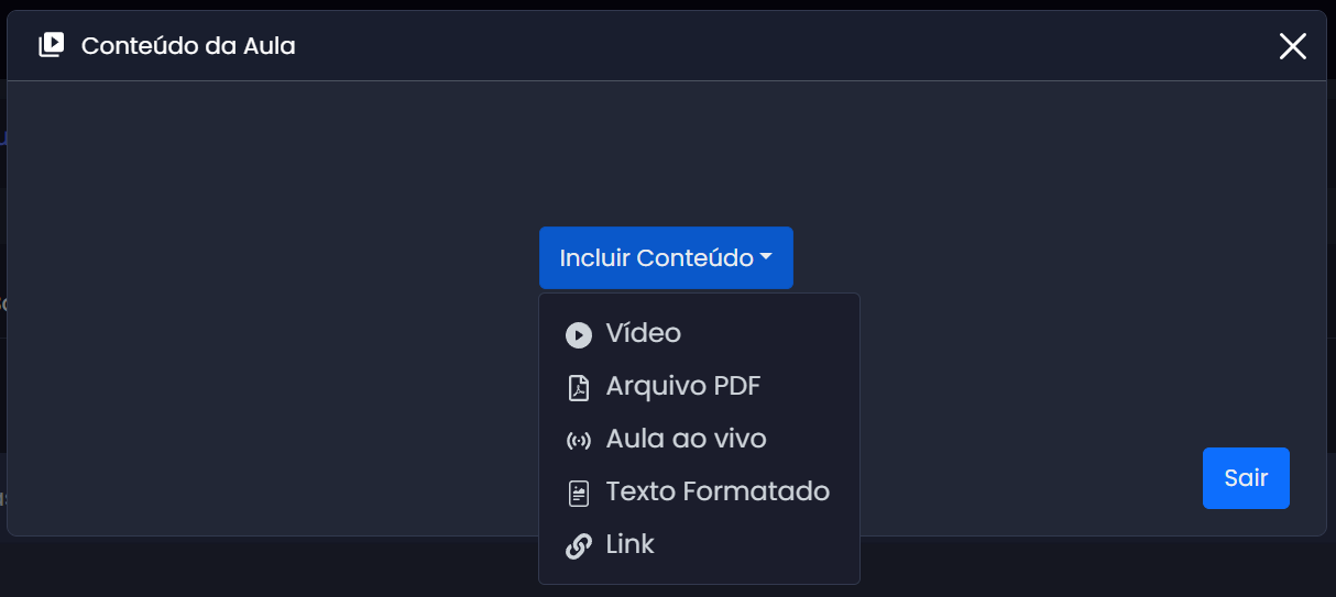 Modal de criação da aula