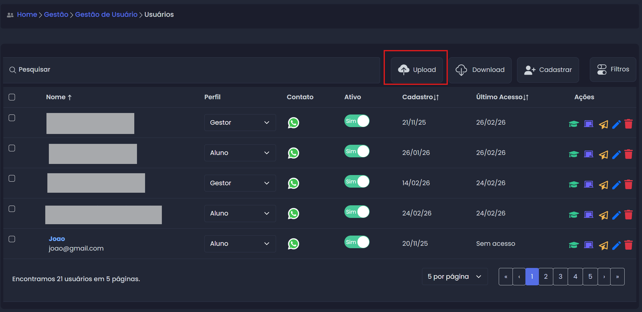 Botão de Upload de usuários