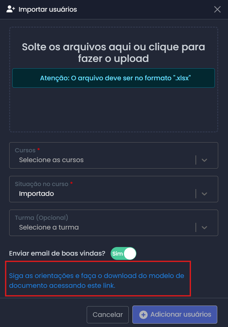 Formulário de importação de usuários