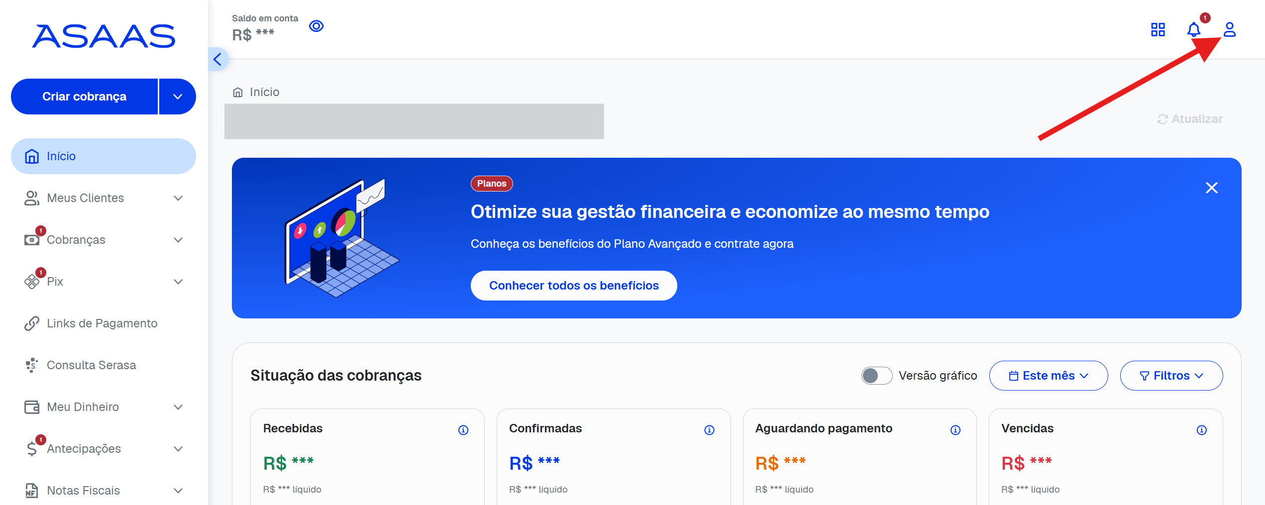 Print do painel inicial do Asaas